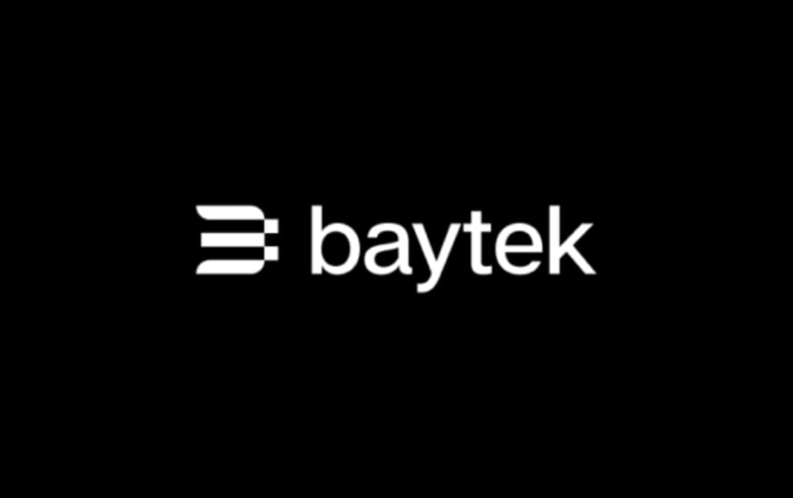 Sleek black background logo with stylized white "E" icon followed by the company name “baytek”.