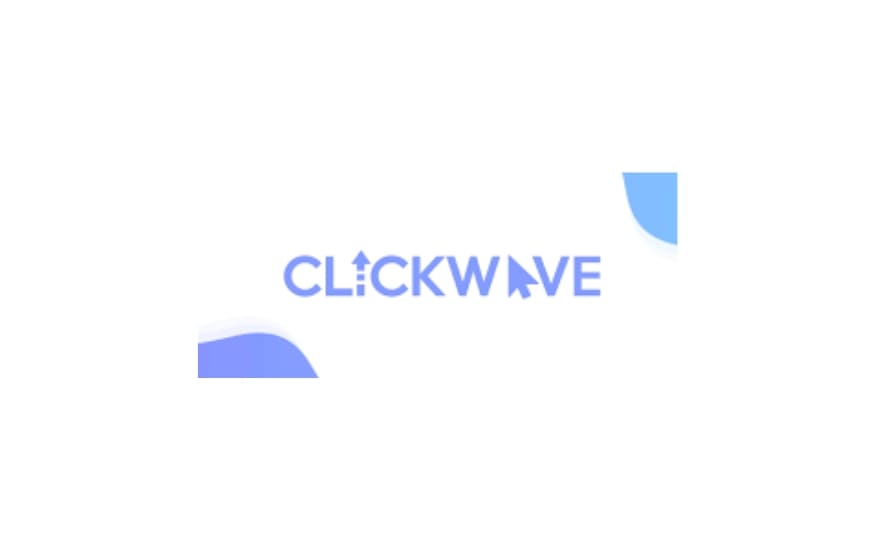 Logo of Clickwave in a soft blue color with a cursor-arrow embedded in the letter "K", combining playful branding with tech symbolism.