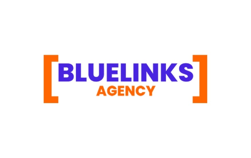 Logo of Bluelinks Agency, where the word “BLUELINKS” is styled in uppercase purple and enclosed in orange brackets, with the word “AGENCY” below in orange.