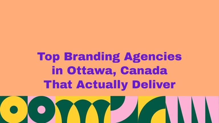 Colorful graphic with bold purple text reading “Top Branding Agencies in Ottawa, Canada That Actually Deliver” on a peach background with abstract geometric patterns at the bottom.