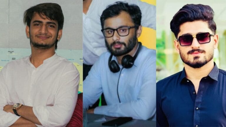 Three young men Fakhir Ali, Qamar Lohar and Ameer Hamza posing confidently, wearing formal shirts, with different styles — one in white, one in light blue with glasses and headphones around his neck, and one in black with sunglasse
