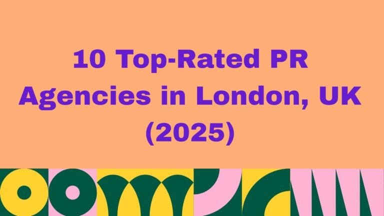Graphic with peach background and colorful abstract shapes at the bottom. Bold purple text reads: '10 Top-Rated PR Agencies in London, UK (2025)