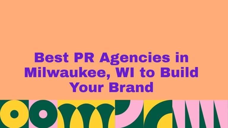 Graphic with a peach background and bold purple text reading ‘Best PR Agencies in Milwaukee, WI to Build Your Brand,’ featuring a colorful geometric pattern along the bottom.