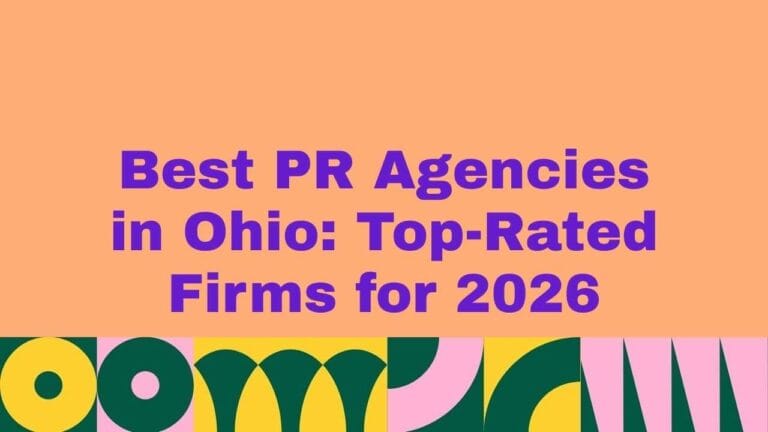 Banner graphic with bold purple text reading ‘Best PR Agencies in Ohio: Top-Rated Firms for 2026’ on a peach background, featuring colorful abstract geometric shapes along the bottom.