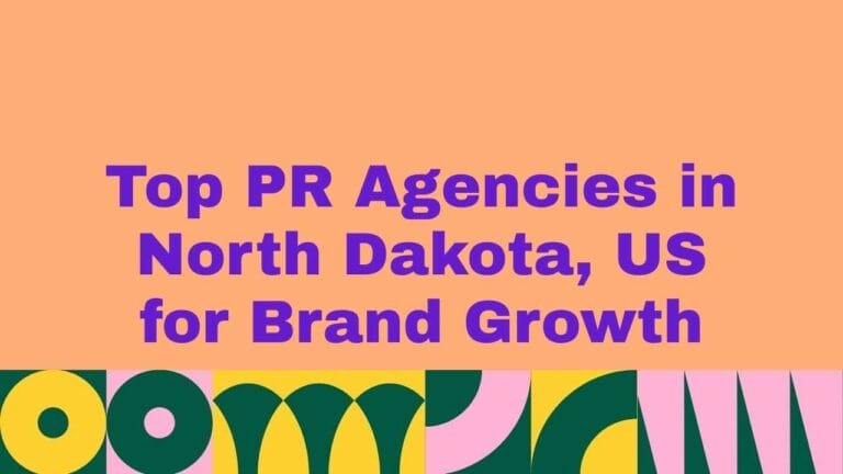 Banner image with bold purple text reading ‘Top PR Agencies in North Dakota, US for Brand Growth’ on a peach background, with colorful abstract geometric patterns along the bottom edge