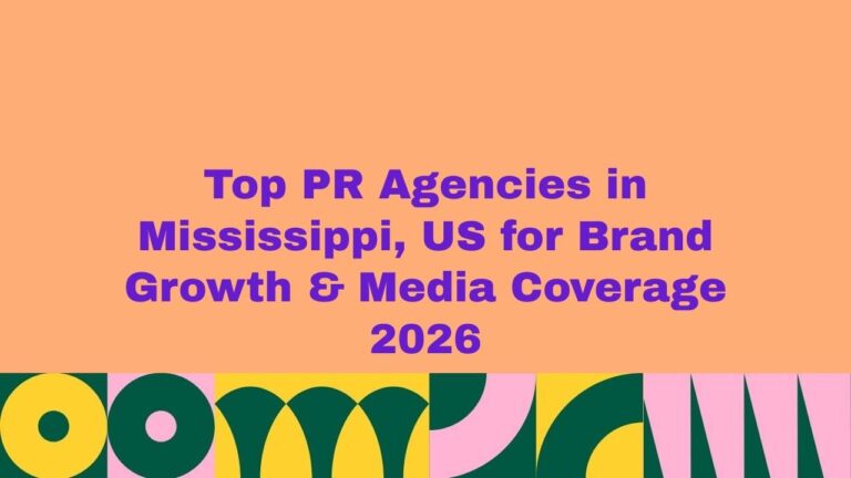 Graphic banner with peach background and bold purple text reading “Top PR Agencies in Mississippi, US for Brand Growth & Media Coverage 2026” with a colorful abstract design pattern along the bottom.