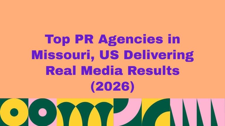 Graphic banner with peach background and bold purple text reading “Top PR Agencies in Missouri, US Delivering Real Media Results (2026)” with a colorful abstract pattern along the bottom.