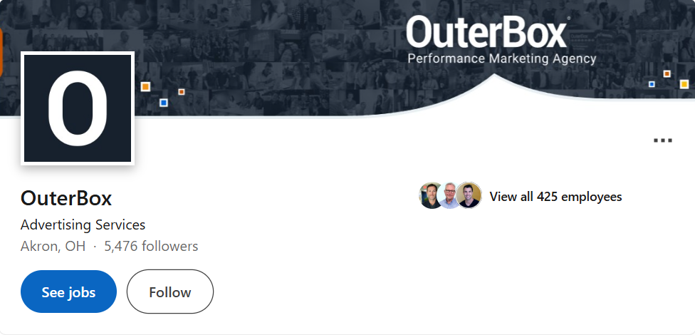 LinkedIn company profile screenshot of OuterBox, a performance marketing agency based in Akron, Ohio, showing 5,476 followers and a banner labeled “OuterBox Performance Marketing Agency.”