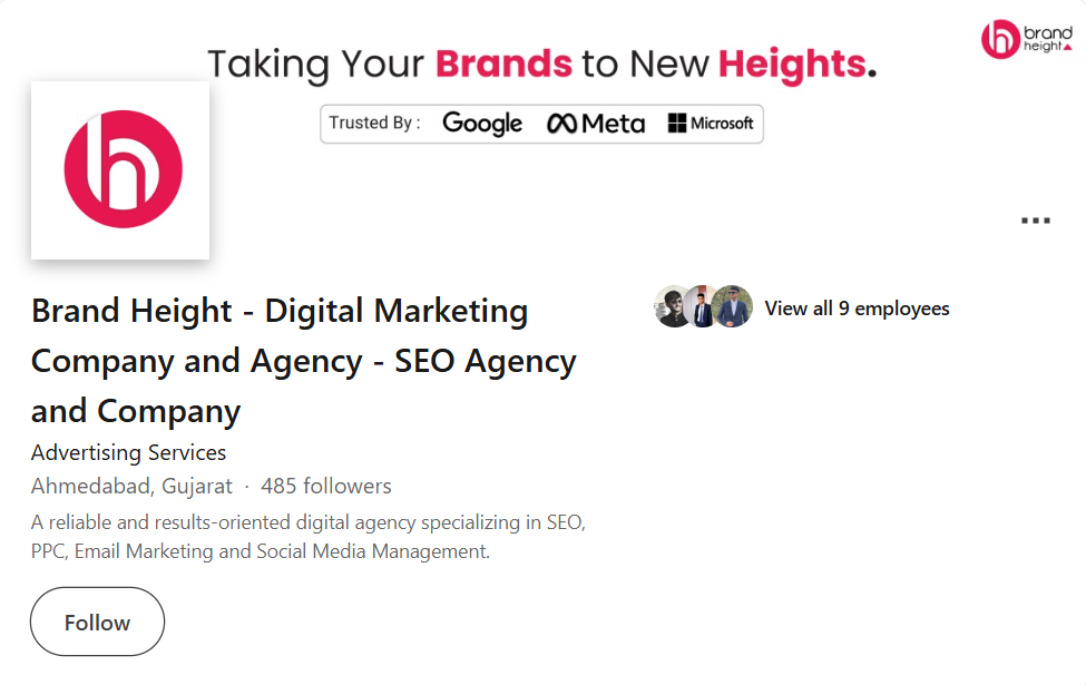 LinkedIn company profile screenshot of Brand Height, a digital marketing and SEO agency based in Ahmedabad, Gujarat, highlighting trusted partnerships with Google, Meta, and Microsoft, and offering SEO, PPC, email marketing, and social media management services.