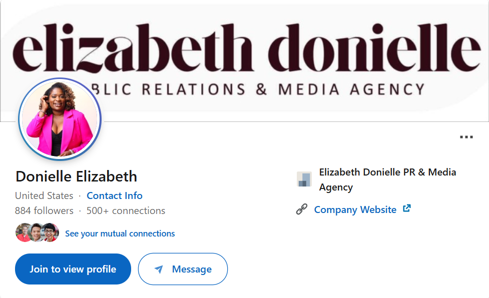 LinkedIn profile screenshot of Donielle Elizabeth, founder of Elizabeth Donielle PR & Media Agency in the United States, showing 884 followers and over 500 connections.