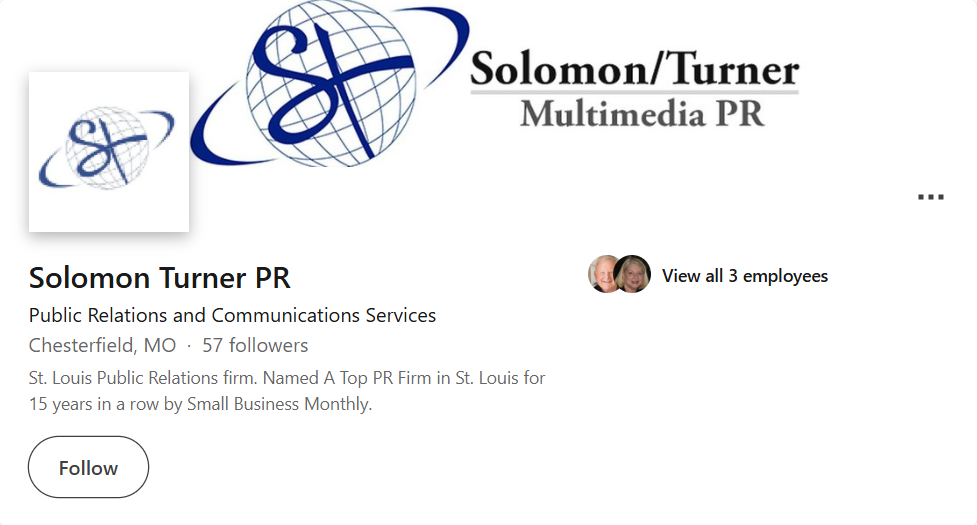 LinkedIn company profile screenshot of Solomon Turner PR, a public relations and communications firm based in Chesterfield, Missouri, with 57 followers and a small three-person team, recognized as a top PR firm in St. Louis for multiple years.
