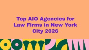 Top AIO agencies for law firms in New York City 2026 title graphic with bold purple text on an orange background and colorful abstract shapes below