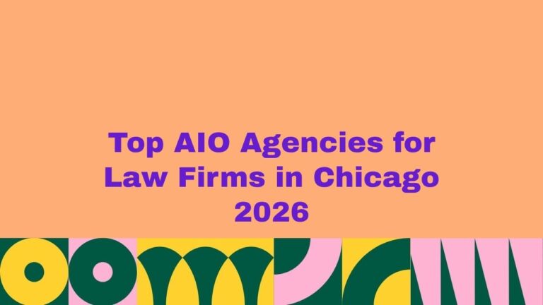 Top AIO agencies for law firms in Chicago 2026 banner with bold purple text on an orange background and colorful abstract shapes at the bottom.