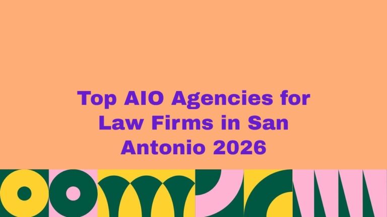 Top AIO agencies for law firms in San Antonio 2026 banner with bold purple text on an orange background and colorful abstract geometric design at the bottom, representing digital marketing services for legal professionals.