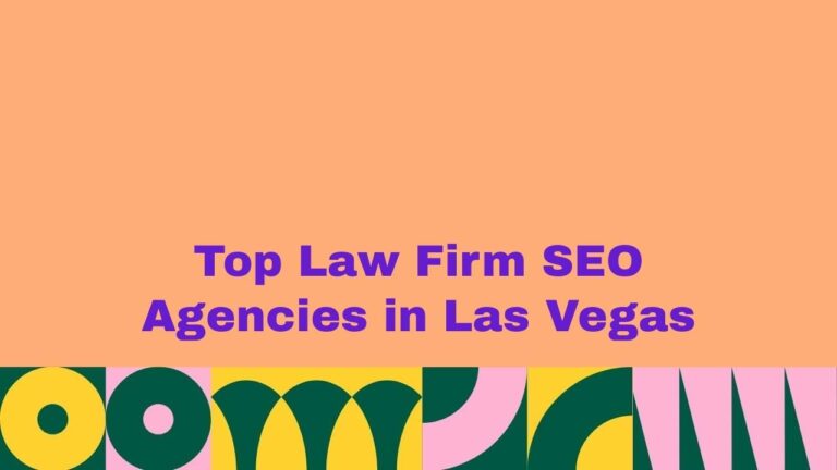 Peach background banner with bold purple text reading “Top Law Firm SEO Agencies in Las Vegas,” with colorful abstract shapes along the bottom edge.