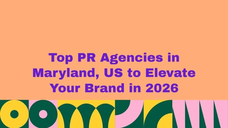 Graphic banner with a peach background and bold purple text reading “Top PR Agencies in Maryland, US to Elevate Your Brand in 2026,” with a colorful abstract pattern along the bottom.