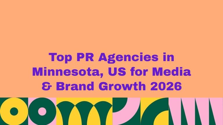 Graphic banner with a peach background and bold purple text reading “Top PR Agencies in Minnesota, US for Media & Brand Growth 2026” with a colorful abstract pattern along the bottom edge.
