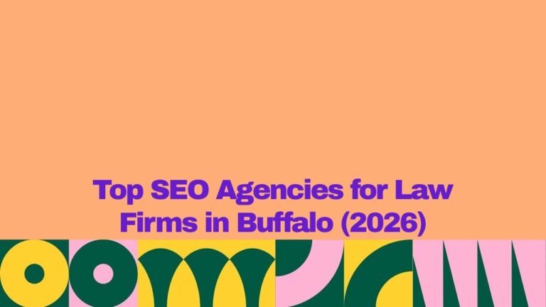 Promotional graphic with a peach background and bold purple text reading “Top SEO Agencies for Law Firms in Buffalo (2026).” The bottom section features a colorful abstract geometric border in green, yellow, and pink tones.