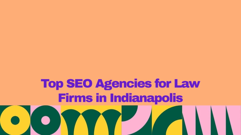 A graphic banner with a peach-colored background and bold purple text reading “Top SEO Agencies for Law Firms in Indianapolis.” A colorful geometric pattern in green, yellow, pink, and dark green runs along the bottom of the image.