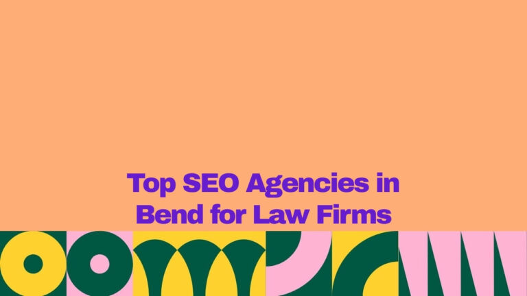 A graphic banner with a peach background and bold purple text reading “Top SEO Agencies in Bend for Law Firms.” The bottom border features a colorful geometric design in green, yellow, pink, and dark green.
