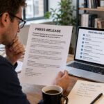PR professional reviewing a press release at a modern office desk with a laptop showing press release format, coffee, notes, and newspapers nearby.PR professional reviewing a press release at a modern office desk with a laptop showing press release format, coffee, notes, and newspapers nearby.