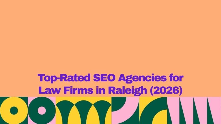A modern promotional banner with a peach-colored background and bold purple text centered across the image reading, “Top-Rated SEO Agencies for Law Firms in Raleigh (2026).” A decorative geometric border spans the bottom edge in yellow, dark green, and pink, featuring circular and curved shapes. The graphic has a clean, contemporary style and appears designed as a blog header, article cover, or marketing image about SEO agencies serving law firms in Raleigh.