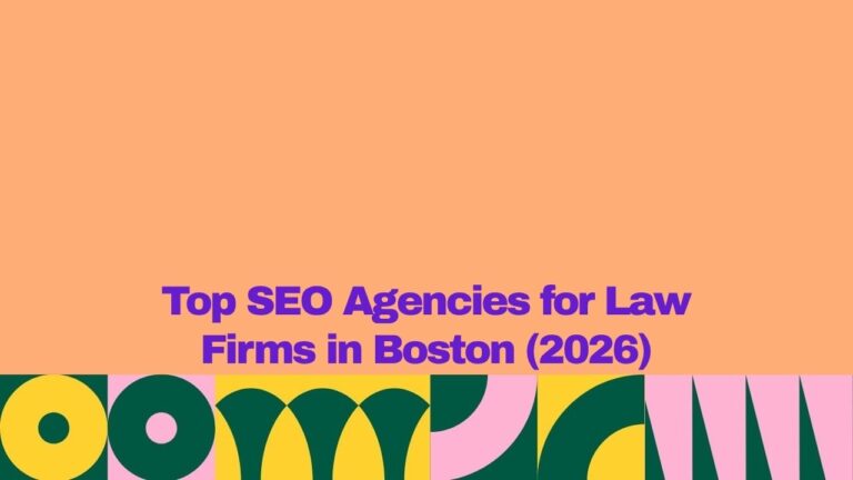 "Graphic banner with a peach background and colorful abstract shapes along the bottom, featuring the text 'Top SEO Agencies for Law Firms in Boston (2026)' in bold purple lettering."