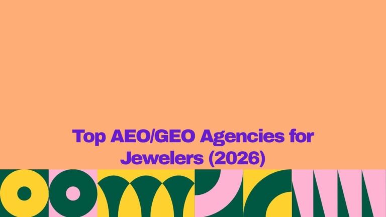 Banner graphic with a peach background and bold purple text reading, “Top AEO/GEO Agencies for Jewelers (2026).” A colorful geometric pattern in yellow, dark green, and pink spans the bottom edge of the image, creating a modern, decorative footer.