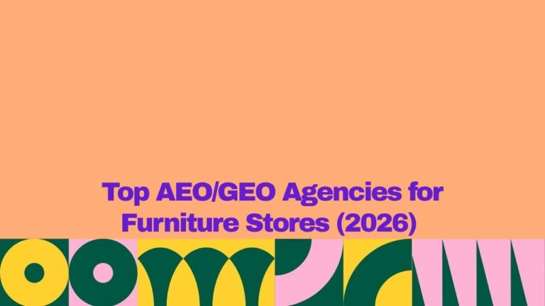 Banner graphic with a peach background and bold purple text reading, “Top AEO/GEO Agencies for Furniture Stores (2026).” A colorful geometric pattern in yellow, dark green, and pink runs along the bottom edge, adding a modern, decorative accent.