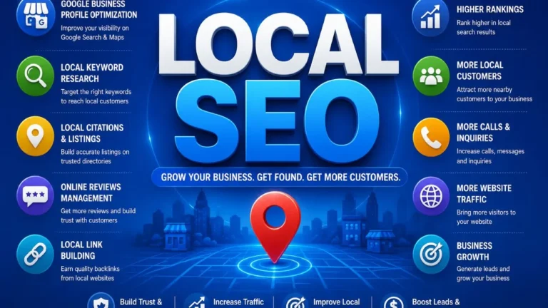 Simple infographic explaining Local SEO Services, including Google Business Profile, local citations, reviews, and higher Google rankings.