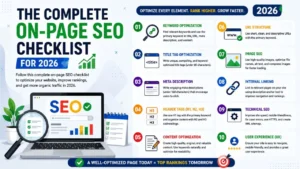 The Complete On-Page SEO Checklist for 2026 infographic featuring keyword optimization, title tags, meta descriptions, header tags, content optimization, URL structure, image SEO, internal linking, technical SEO, and user experience best practices.