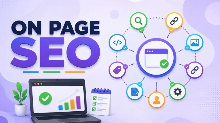 A clean and modern On-Page SEO infographic with a large "ON PAGE SEO" heading, a laptop displaying SEO analytics, and colorful optimization icons connected around a central webpage on a soft purple gradient background.