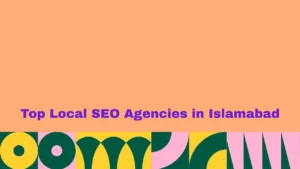 The image consists of a solid peach-colored background occupying the top two-thirds of the frame. In the center, purple text reads "Top Local SEO Agencies in Islamabad". The bottom third features a colorful, repeating pattern of abstract shapes, including green arches, yellow circles, pink blocks, and alternating black and green vertical stripes.