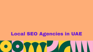 The image features a minimalist graphic layout divided into two main sections. The top portion occupies roughly two-thirds of the canvas and consists of a solid, warm peach or light orange background. Positioned centrally within the lower half of this section is the text "Local SEO Agencies in UAE" rendered in a bold, sans-serif, purple font. The bottom third of the image contains a vibrant, abstract, geometric banner pattern with repeating organic shapes, arches, and stripes in a color palette of dark forest green, bright yellow, soft pink, and white.