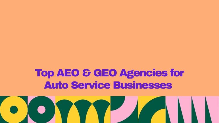 Featured graphic with a peach background and bold purple text reading “Top AEO & GEO Agencies for Auto Service Businesses.” A colorful geometric pattern in yellow, dark green, pink, and teal spans the bottom edge.