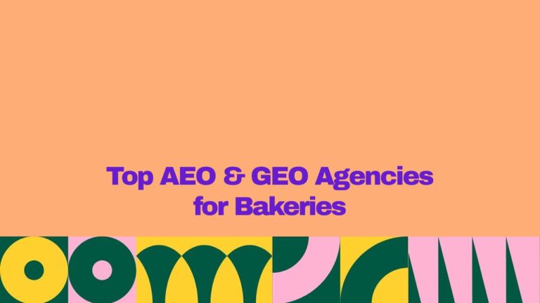 Top AEO & GEO agencies for bakeries, featuring bold purple headline text on a peach background with a colorful geometric pattern along the bottom, promoting Answer Engine Optimization and Generative Engine Optimization services for bakery businesses.