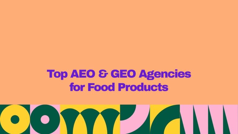 Top AEO & GEO agencies for food products, featuring bold purple title text on a peach background with a colorful geometric pattern along the bottom.