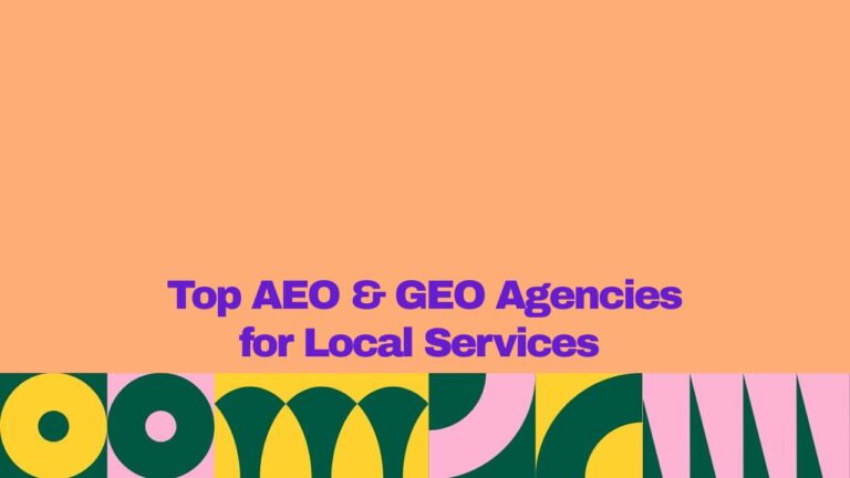 Featured graphic with a peach background and bold purple text reading “Top AEO & GEO Agencies for Local Services.” A colorful geometric pattern in yellow, dark green, pink, and teal spans the bottom edge.