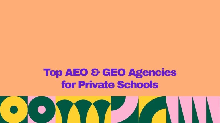 Featured graphic with a peach background and bold purple text reading “Top AEO & GEO Agencies for Private Schools.” A colorful geometric pattern in yellow, dark green, pink, and teal spans the bottom edge.