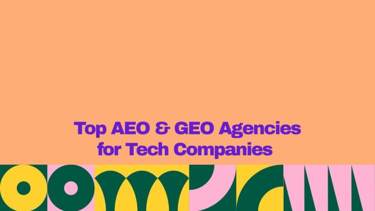 Featured graphic with a peach background and bold purple text reading “Top AEO & GEO Agencies for Tech Companies.” A colorful geometric pattern in yellow, dark green, pink, and teal spans the bottom edge.